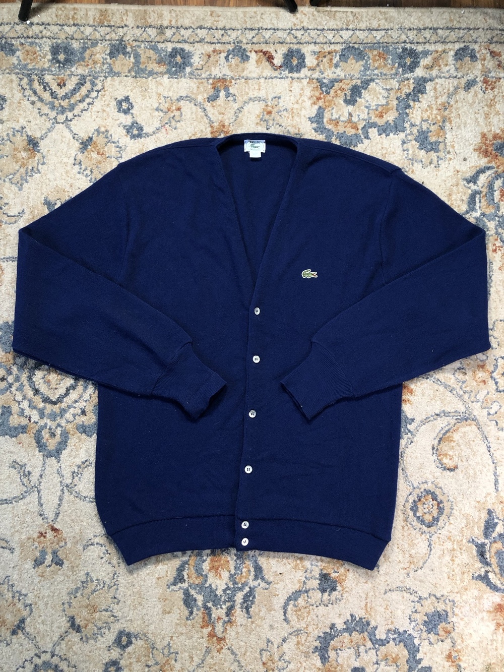 Vintage Izod Lacoste Sweater Mens 2XLT Blue Acrylic Knit Cardigan Croc Logo USA
